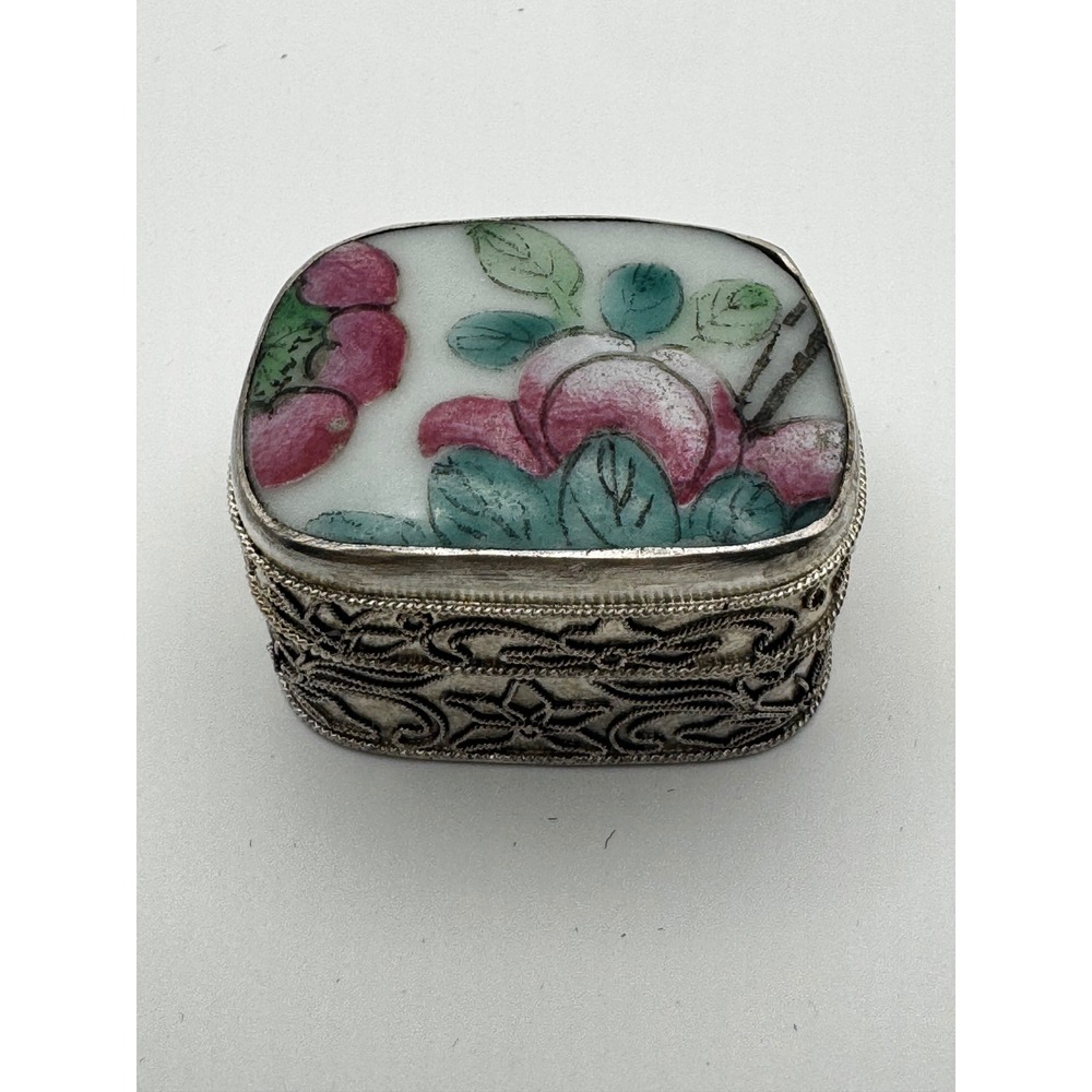 Vintage Chinese Export Silver Filigree Hand Painted Porcelain Floral Trinket Box
